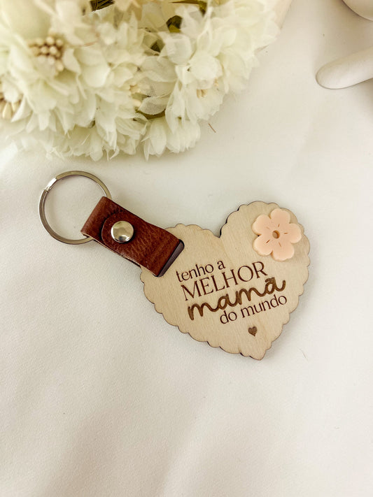 Porta Chaves com Flor Coral em Bétula e Couro