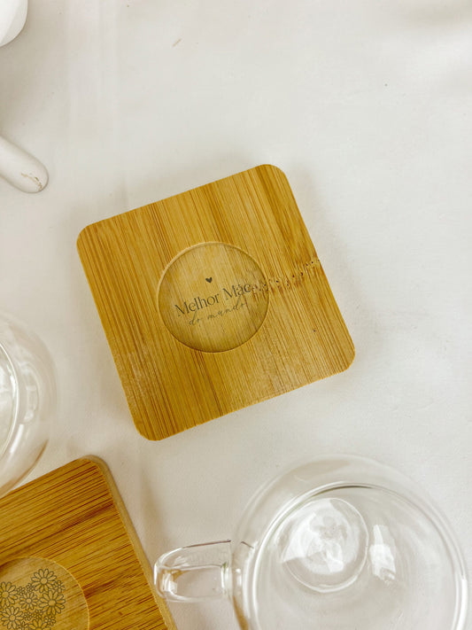 Conjunto de Chávenas em Vidro com Pires em Bambu — Personalizado