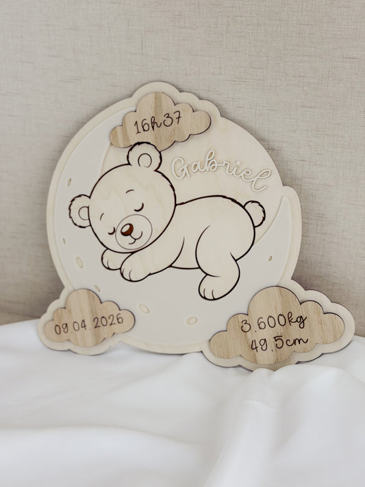 Placa Decorativa de Nascimento em Bétula — Tema Urso