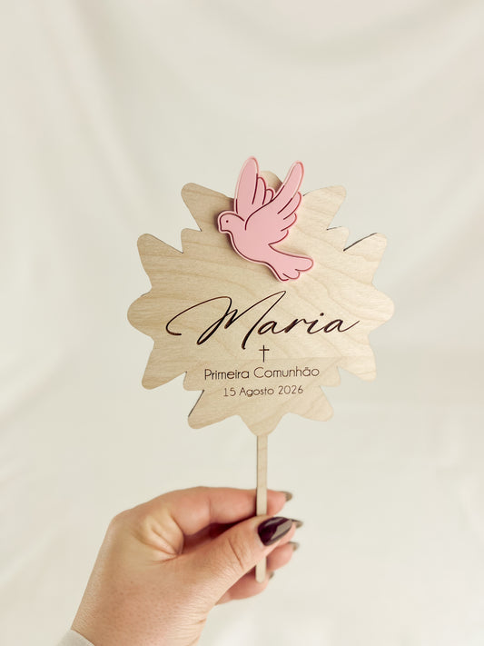Topo de Bolo para Batizado de Menina em Bétula e Rosa