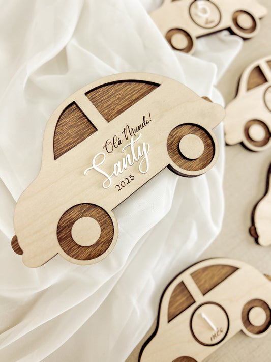 Conjunto de Placas Evolutivas — Tema Carro (5 Placas em Bétula e Sucupira)