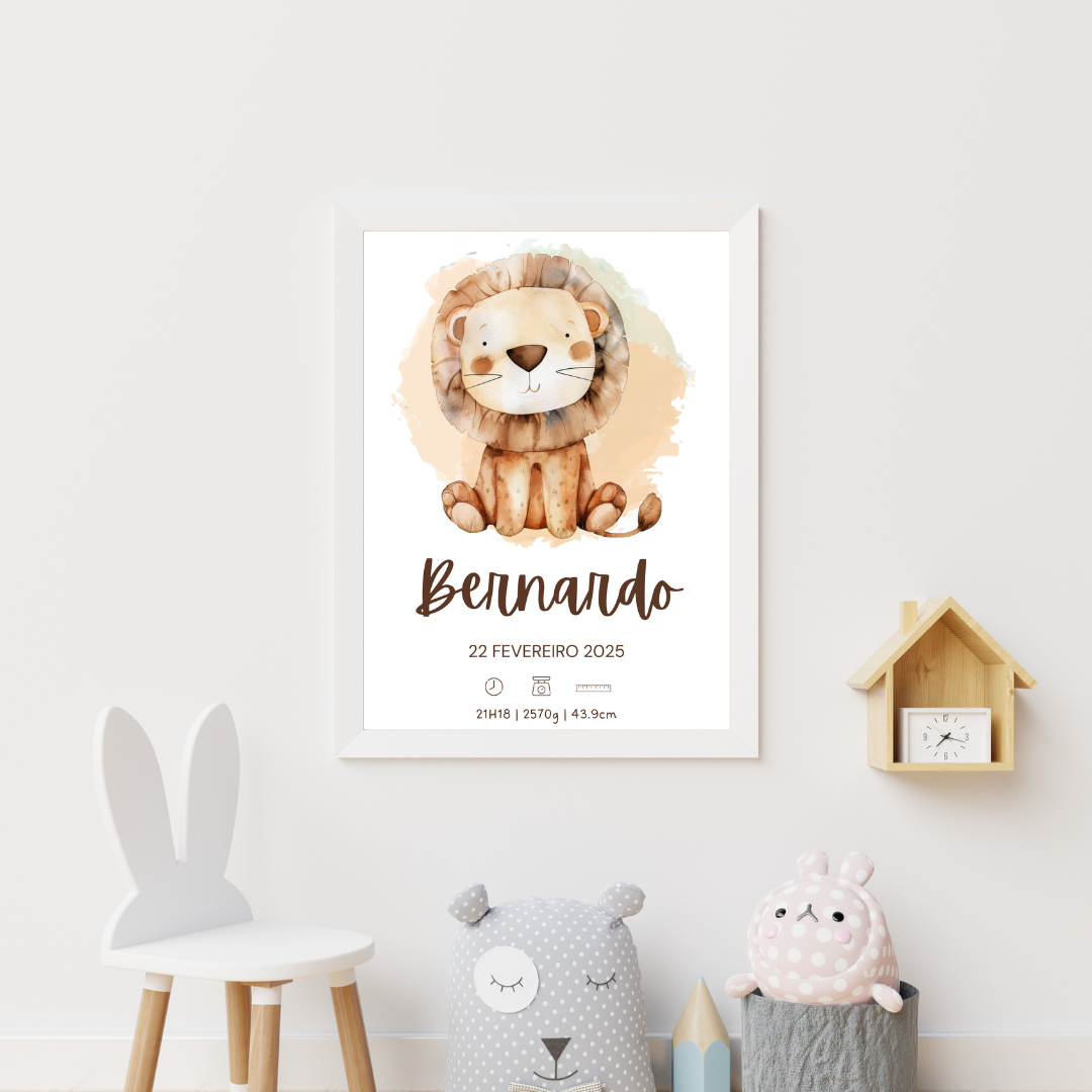 Quadro de Nascimento Personalizado com Ilustração de Leão | Moldura A4