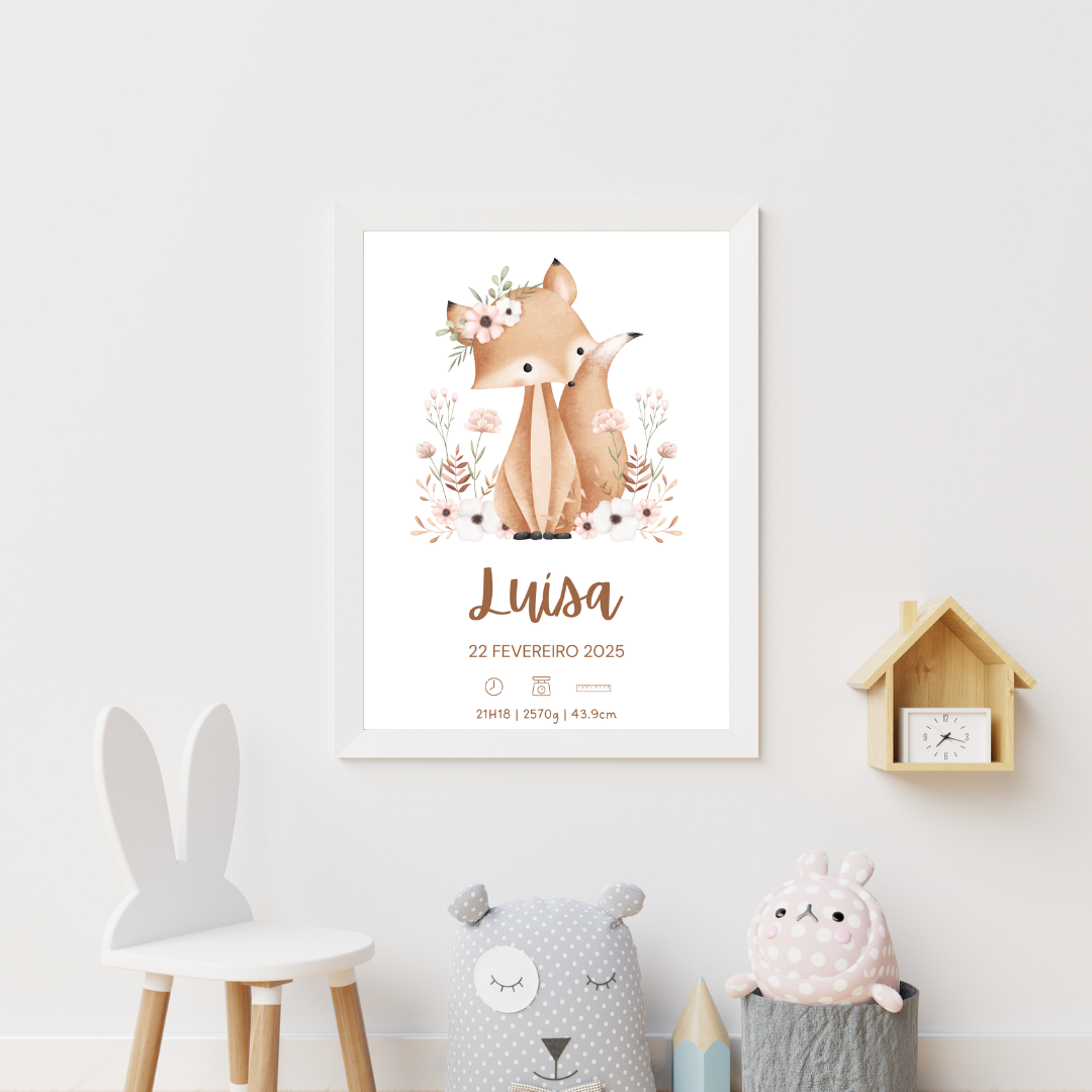 Quadro de Nascimento Personalizado com Raposa no Bosque | Para Menina