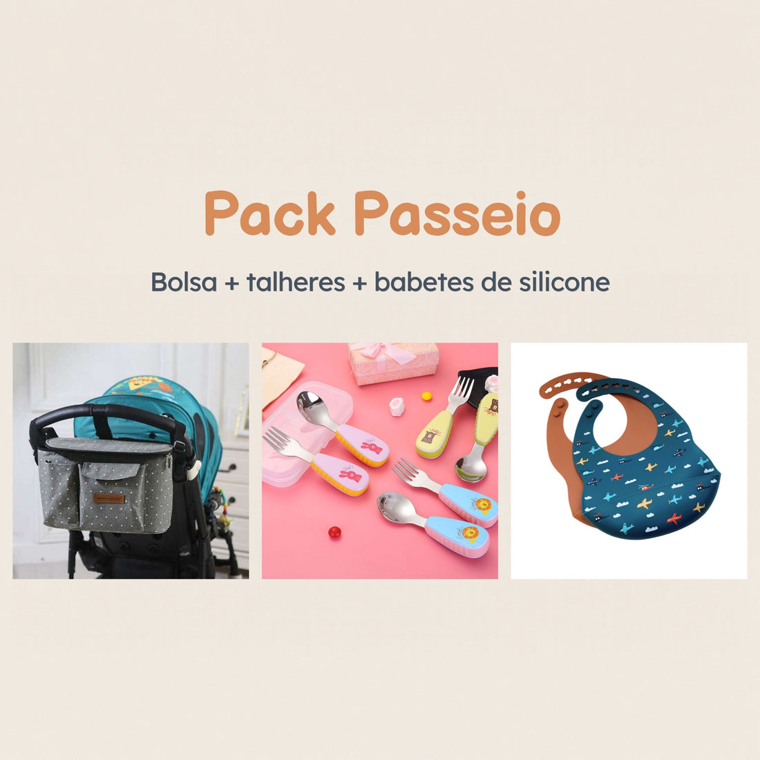 Pack Passeio: bolsa para carrinho, talheres em inox e babetes de silicone