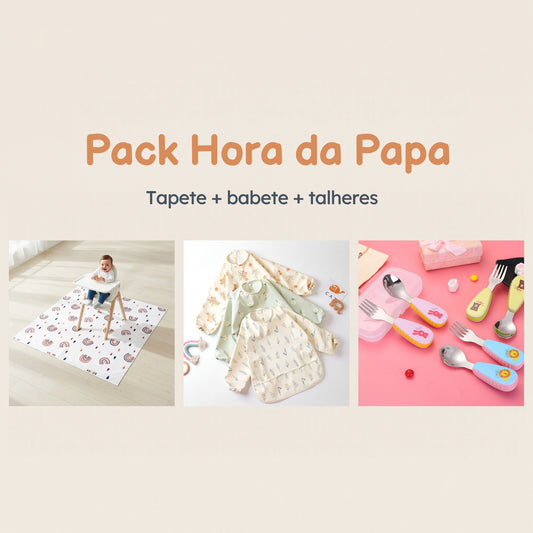 Pack Hora da Papa: tapete de alimentação, babete de manga comprida e talheres em inox
