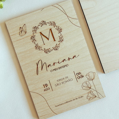 Convite de Batizado em Madeira de Bétula | Design Minimalista Personalizado
