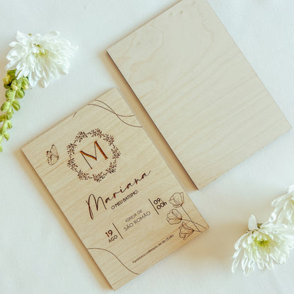 Convite de Batizado em Madeira de Bétula | Design Minimalista Personalizado