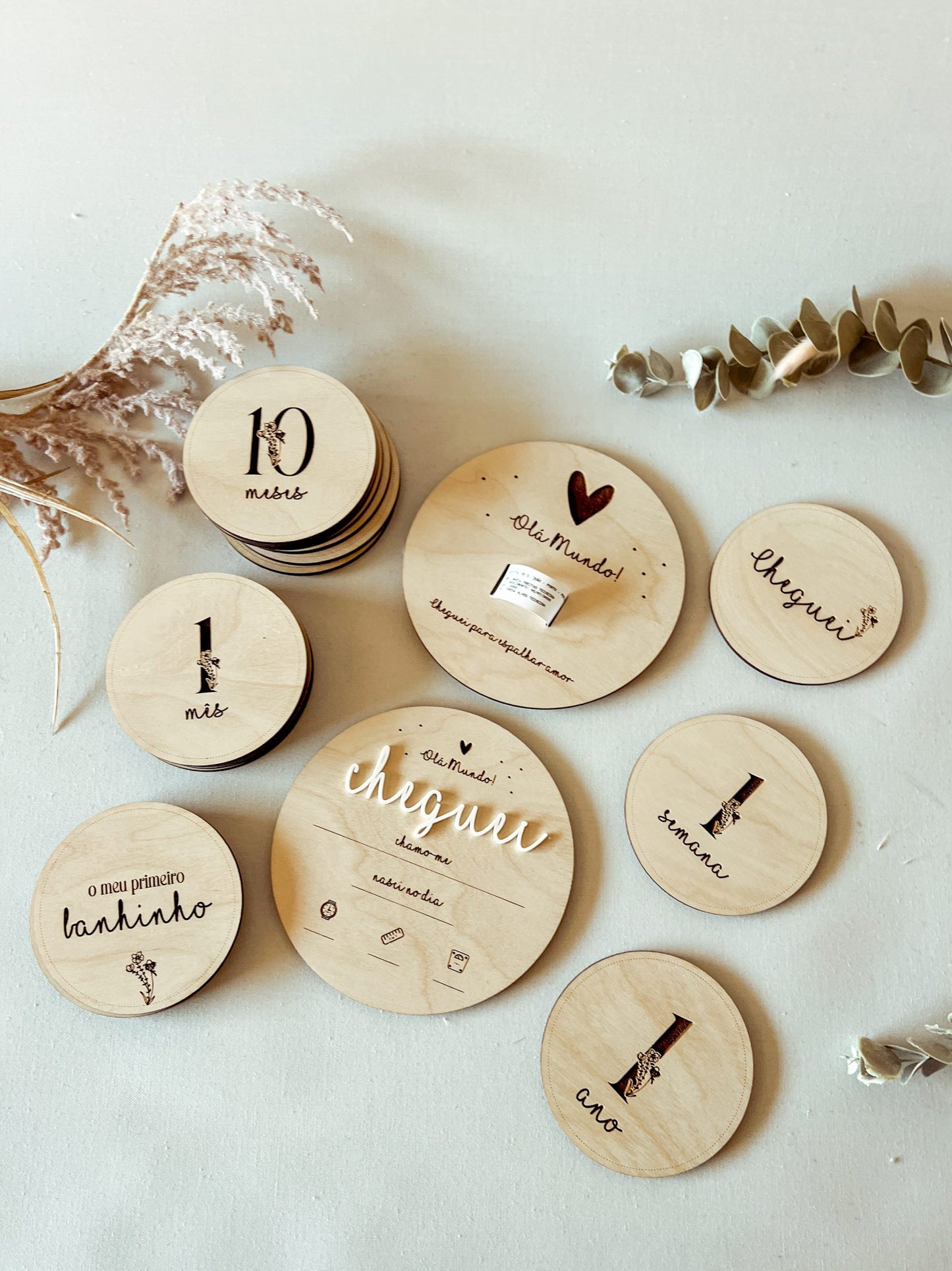 Conjunto de 15 Placas Evolutivas do Bebé em Bétula — Design Clássico