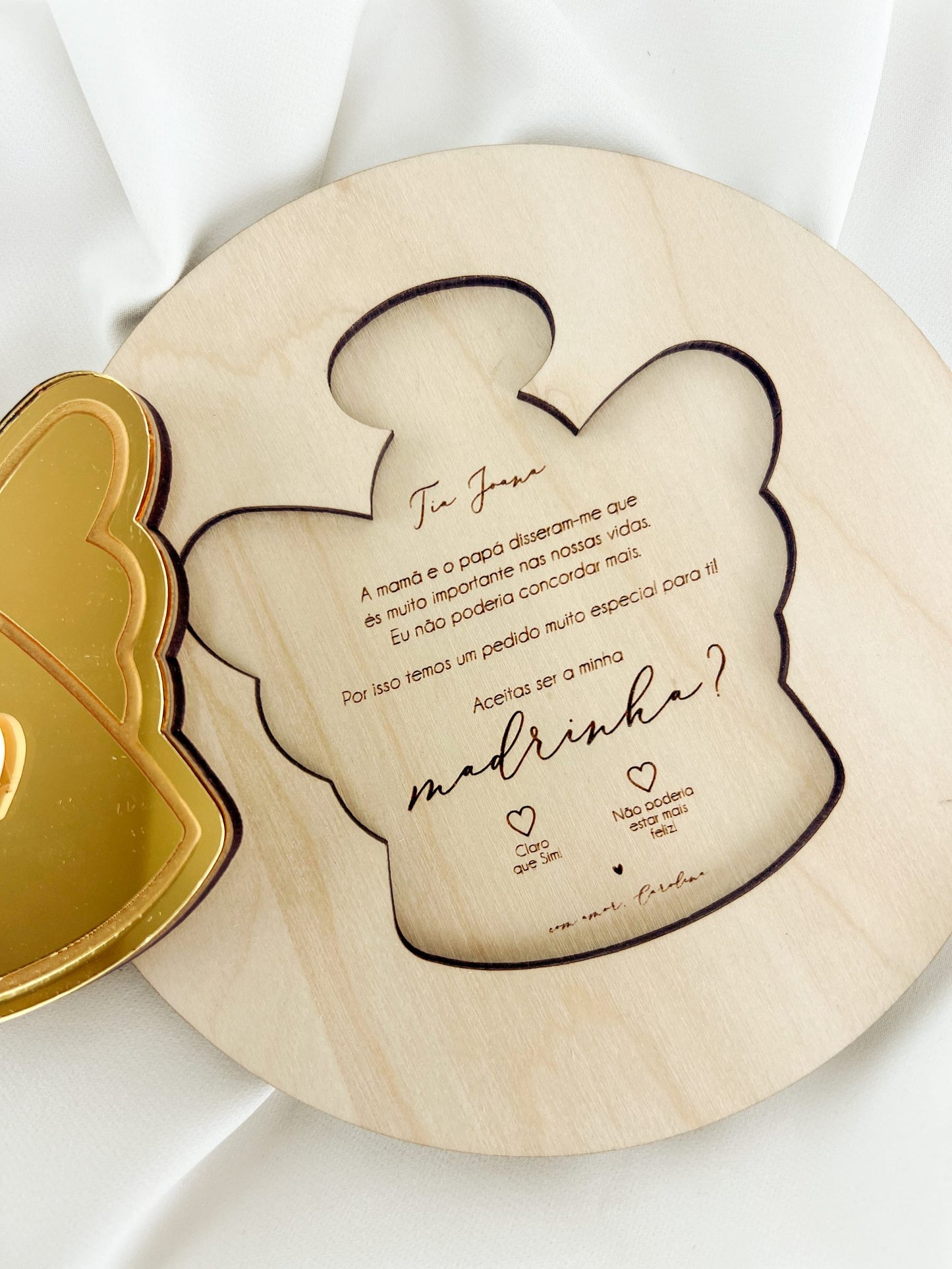 Convite para Madrinha em Madeira — Encaixe Anjo Dourado