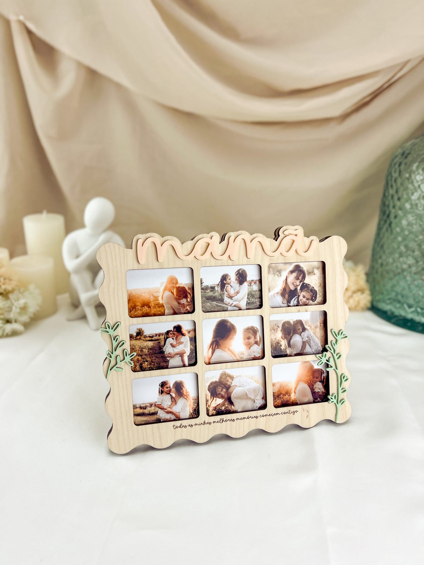 Moldura Ondulada com Cinco Fotografias para a Mamã — Bétula com Folhas Verde Pastel