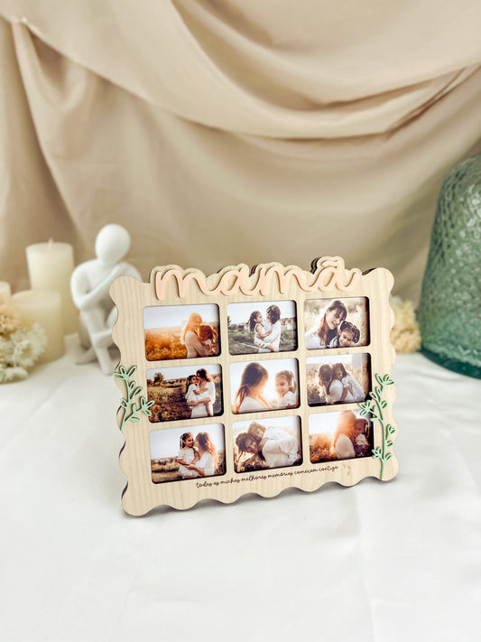 Moldura Ondulada com Cinco Fotografias para a Mamã — Bétula com Folhas Verde Pastel