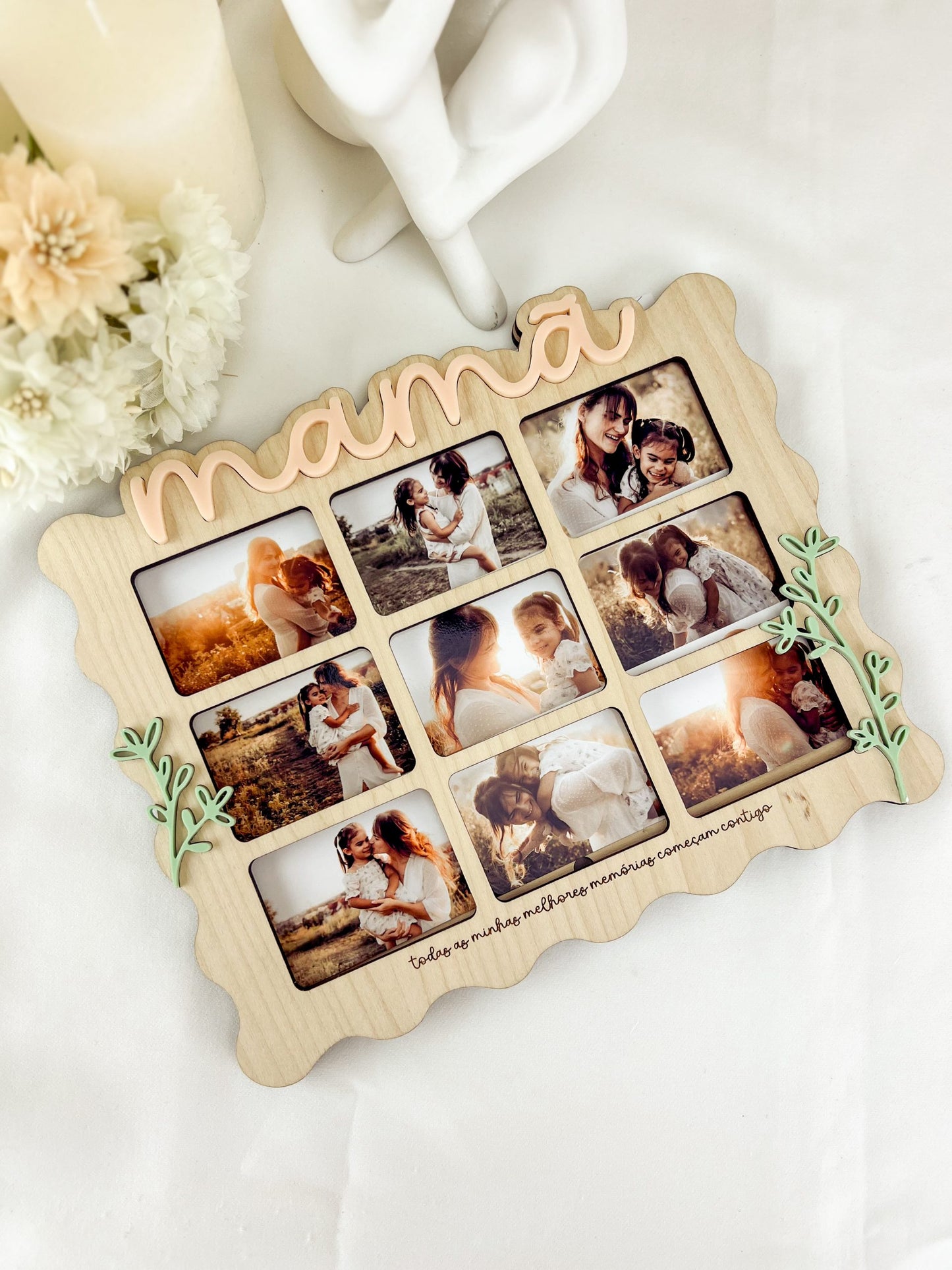 Moldura Ondulada com Cinco Fotografias para a Mamã — Bétula com Folhas Verde Pastel