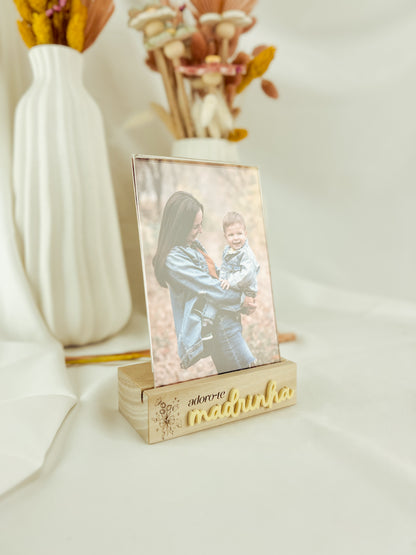 Porta Retratos para Madrinha em Base de Madeira com Mensagem Gravada
