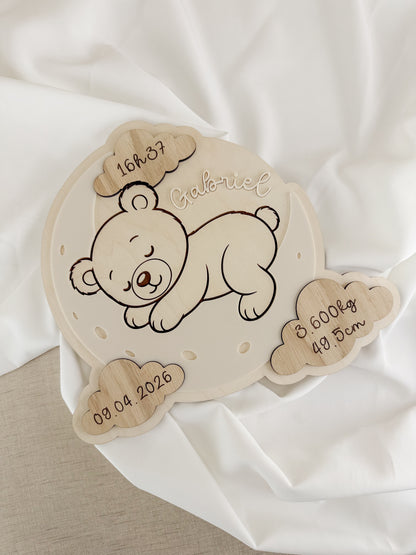 Placa Decorativa de Nascimento em Bétula — Tema Urso