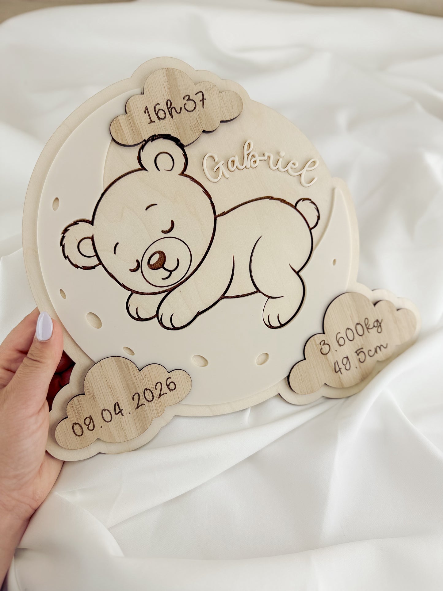 Placa Decorativa de Nascimento em Bétula — Tema Urso