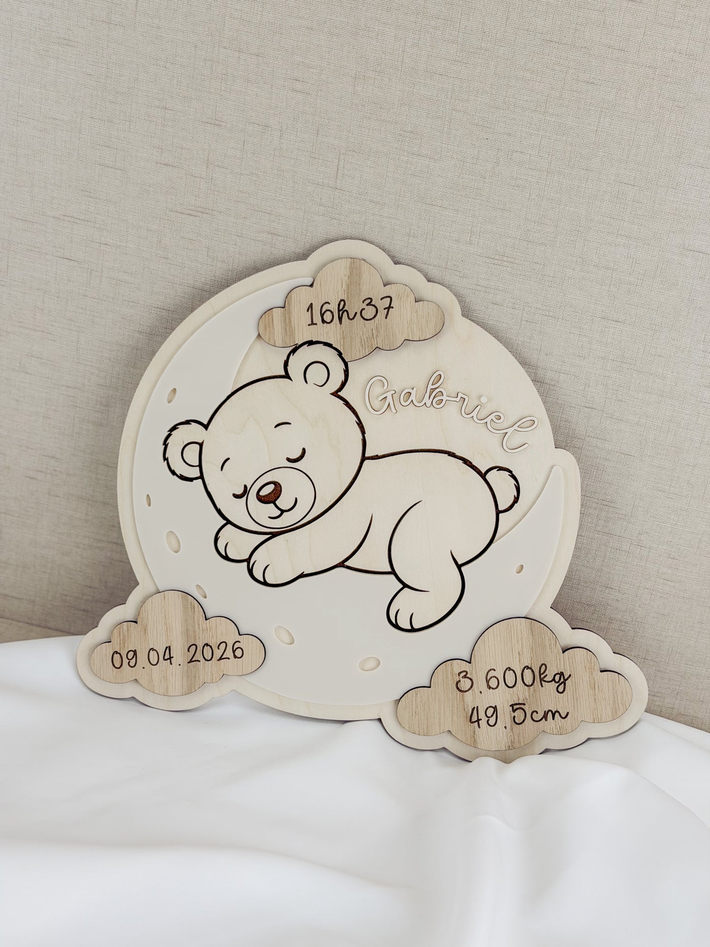 Placa Decorativa de Nascimento em Bétula — Tema Urso