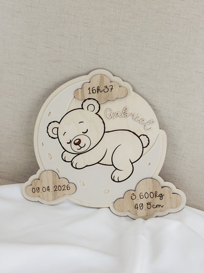 Placa Decorativa de Nascimento em Bétula — Tema Urso