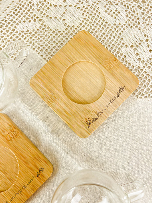 Conjunto de Chávenas de Vidro com Pires em Bambu para Avós