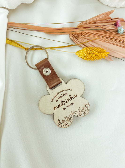 Porta Chaves para Madrinha e Padrinho com Fotografia em Madeira e Couro