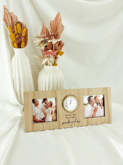 Moldura para Padrinhos com Relógio Dourado e Duas Fotografias