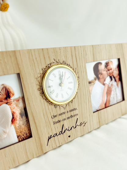 Moldura para Padrinhos com Relógio Dourado e Duas Fotografias