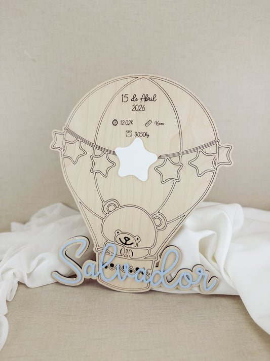 Placa Decorativa de Nascimento  — Tema Balão e Urso