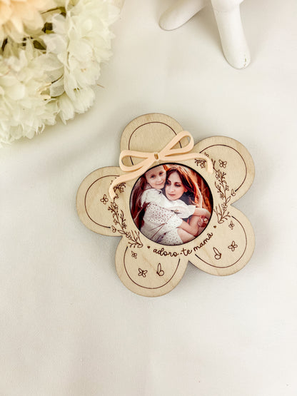 Mini Moldura Flor com Íman para a Mãe — Bétula com Laço Coral