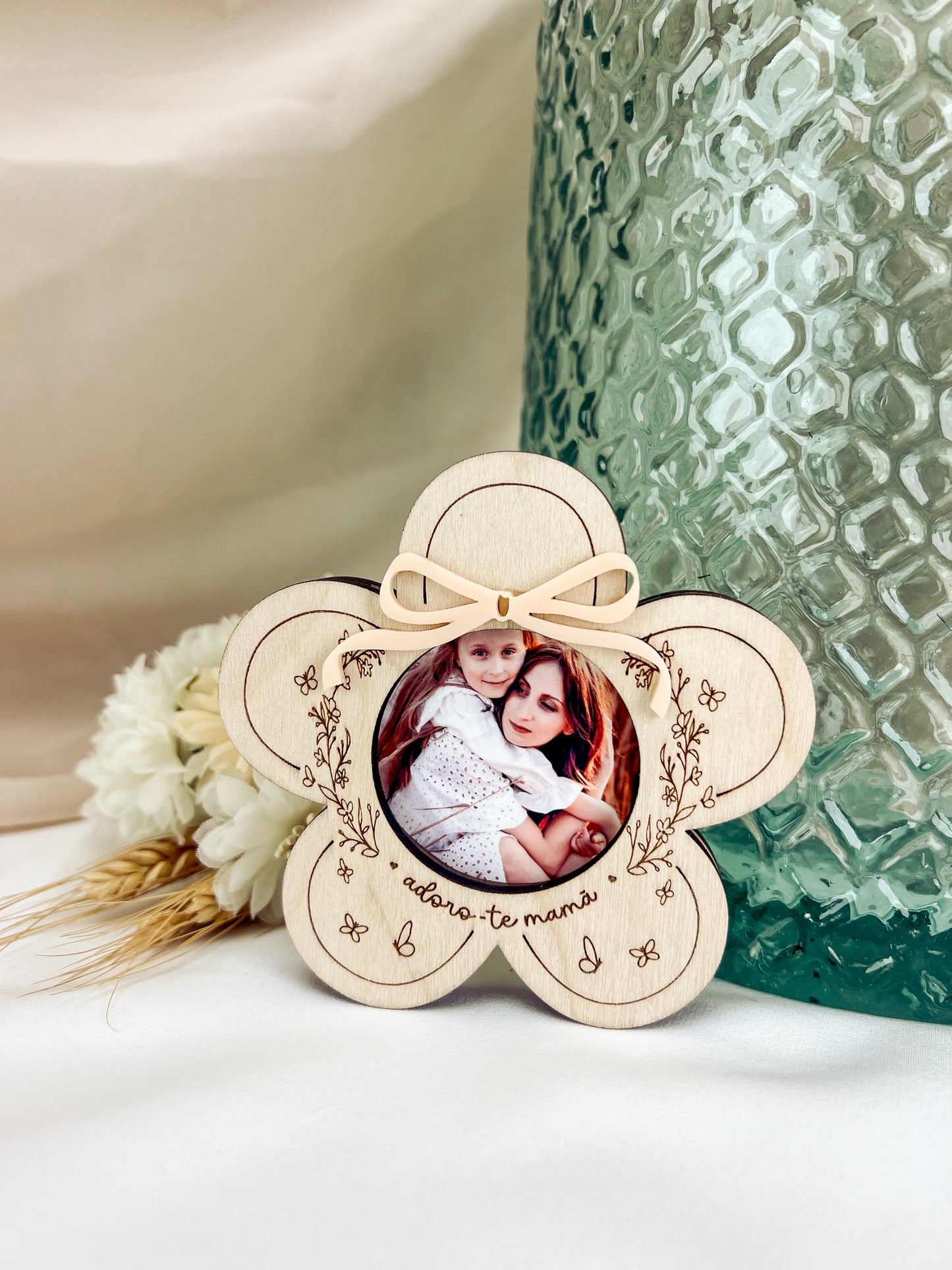 Mini Moldura Flor com Íman para a Mãe — Bétula com Laço Coral