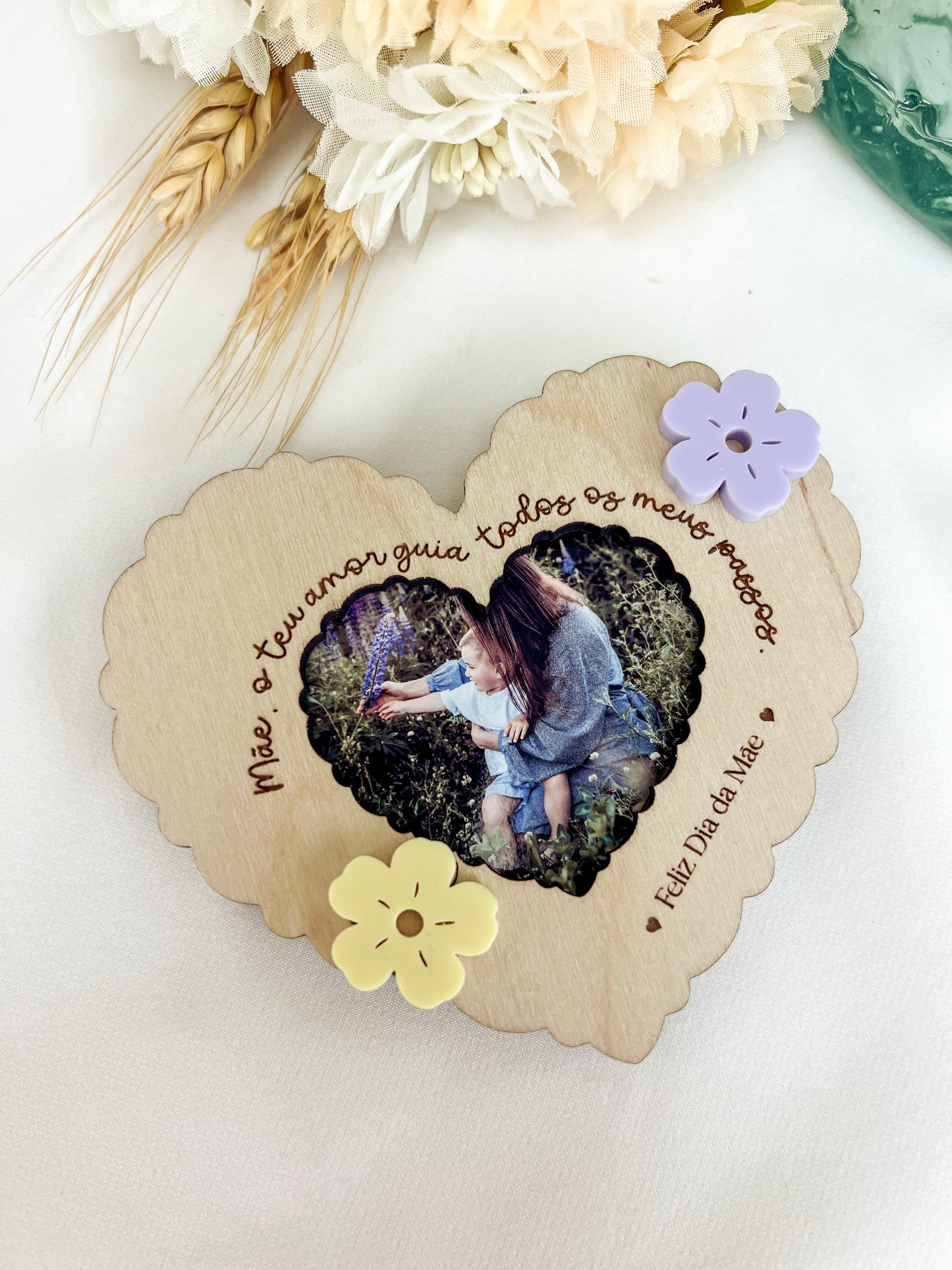 Mini Moldura Coração com Íman para a Mãe — Bétula com Flores Amarelas e Lilás