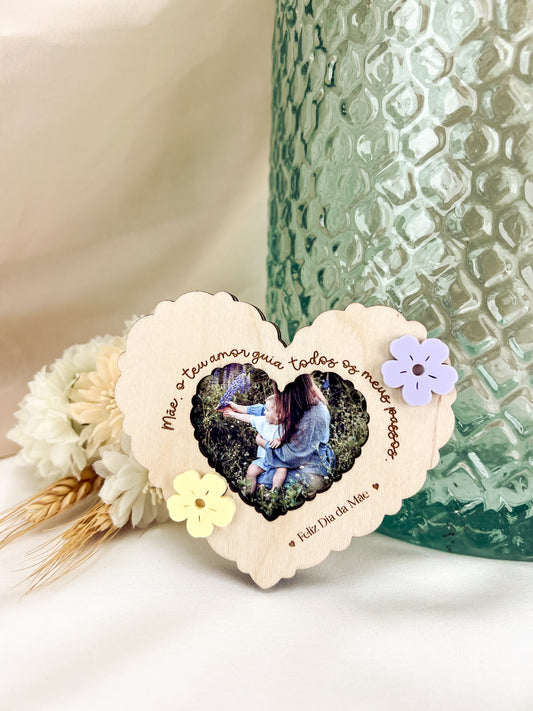 Mini Moldura Coração com Íman para a Mãe — Bétula com Flores Amarelas e Lilás