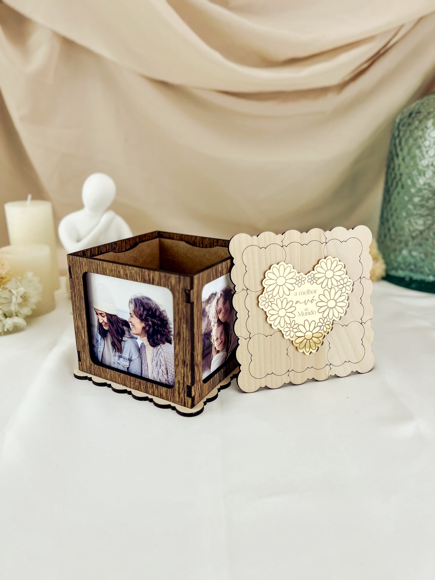 Cubo Fotográfico com Coração Dourado para Avó — Personalizado