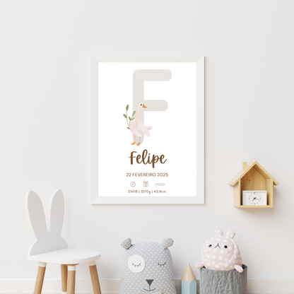 Quadro de Nascimento Personalizado com Abecedário e Inicial do Bebé