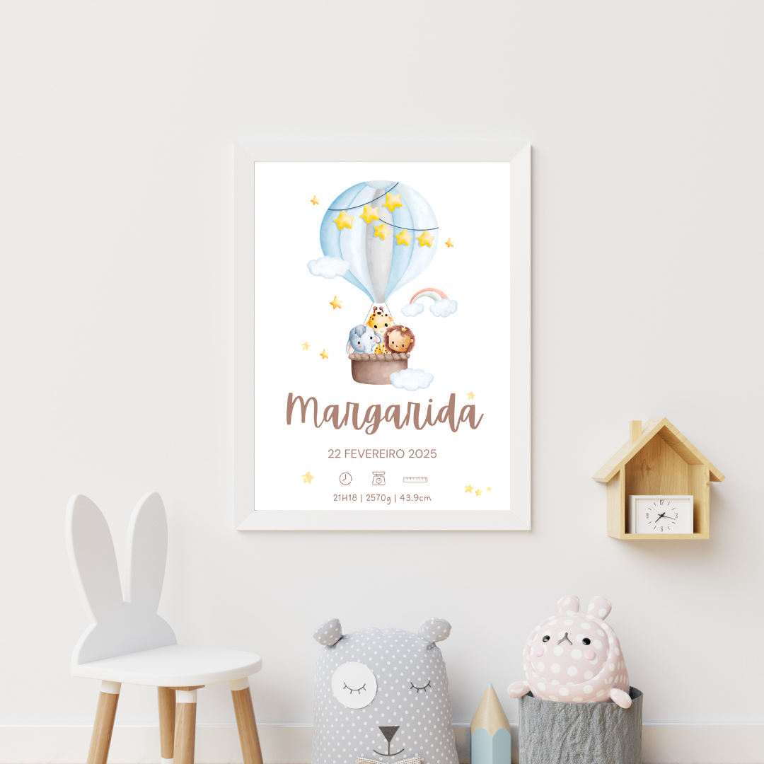 Quadro de Nascimento Personalizado com Animais em Balão de Ar Quente