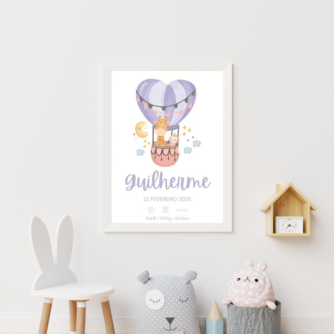 Quadro de Nascimento Personalizado com Animais em Balão de Ar Quente