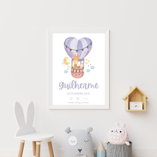 Quadro de Nascimento Personalizado com Animais em Balão de Ar Quente