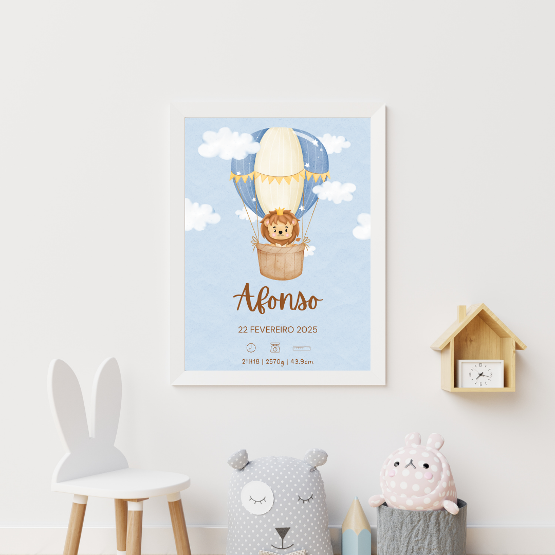 Quadro de Nascimento Personalizado com Animais em Balão de Ar Quente