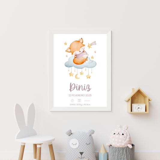 Quadro de Nascimento Personalizado com Raposa na Nuvem | Moldura A4